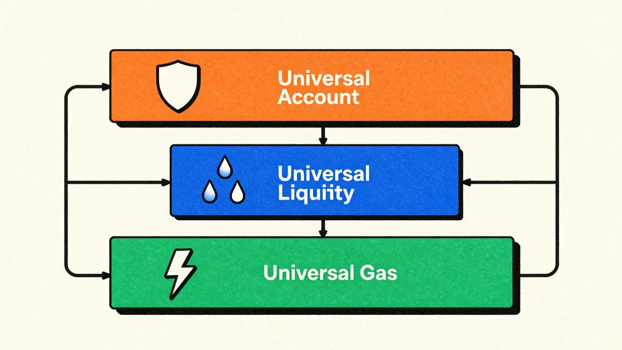 Three-layer modular system diagram in Risograph print style