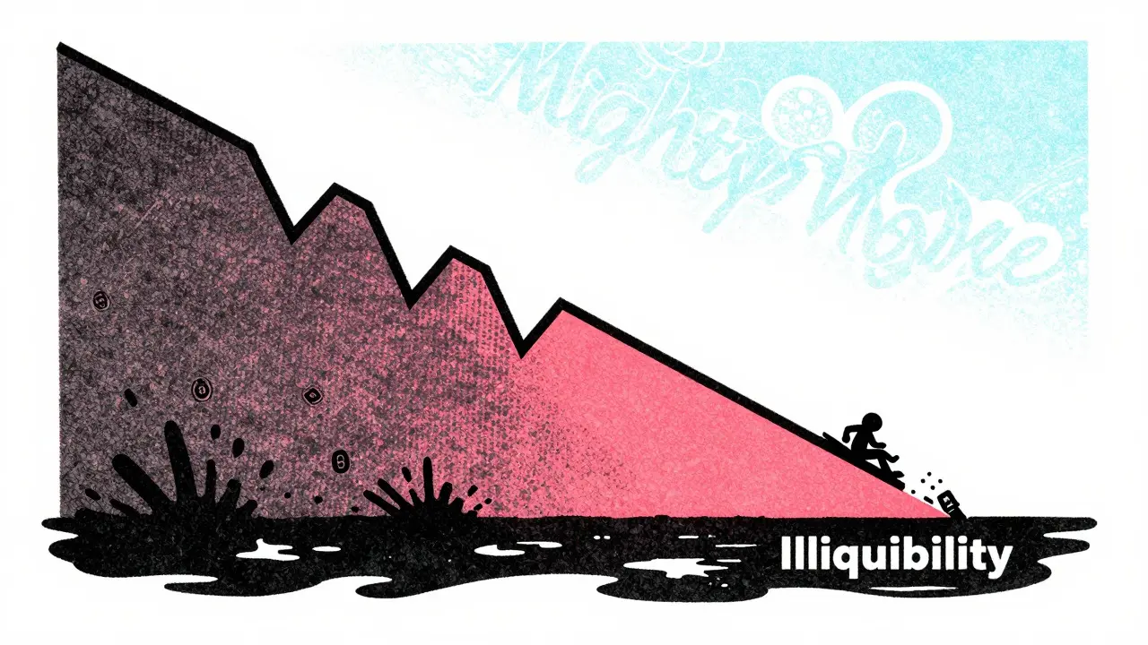 Tiny figure sliding down crashing price chart into illiquid void, Risograph aesthetic art.