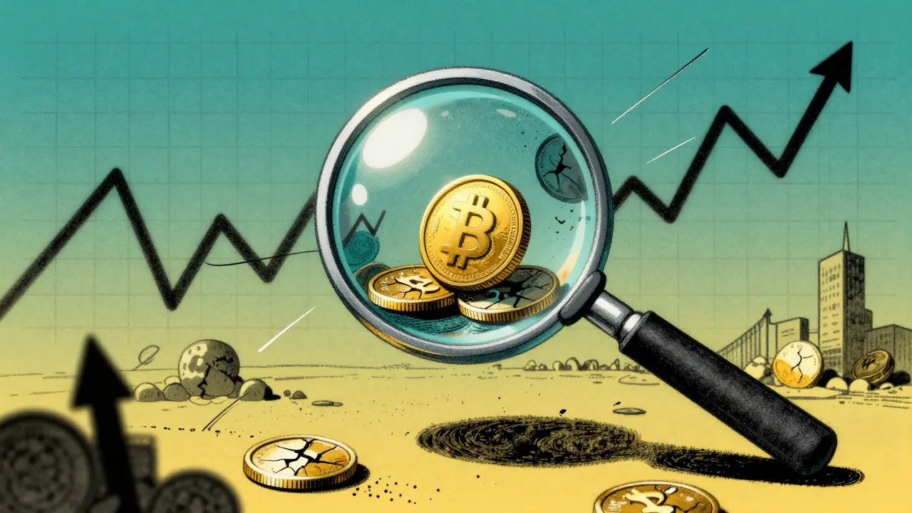 A fragile glass bubble containing a gold coin floating above volatile market arrows in a tri-tone style.