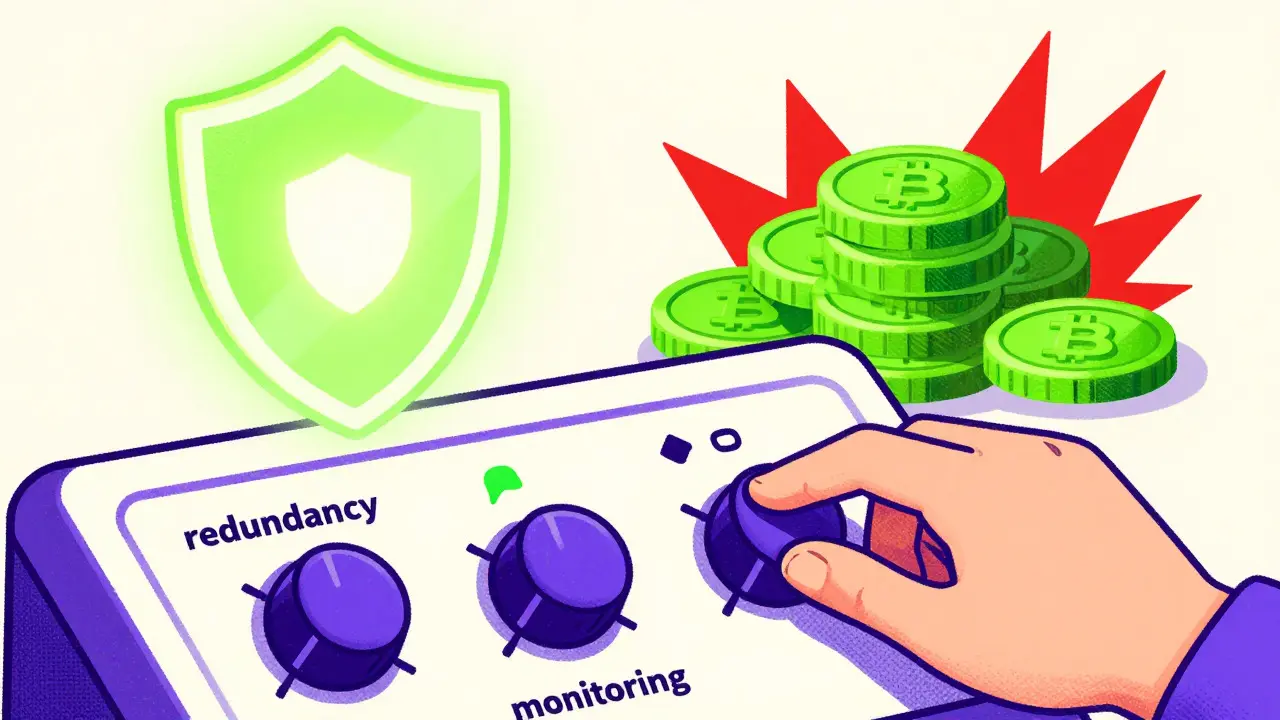 A stylized control panel with a shield protecting crypto tokens from red penalty spikes