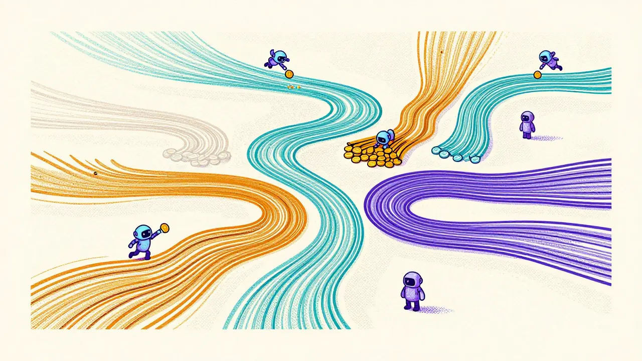 Abstract riso art showing concentrated liquidity flows in tight bundles vs spread out.