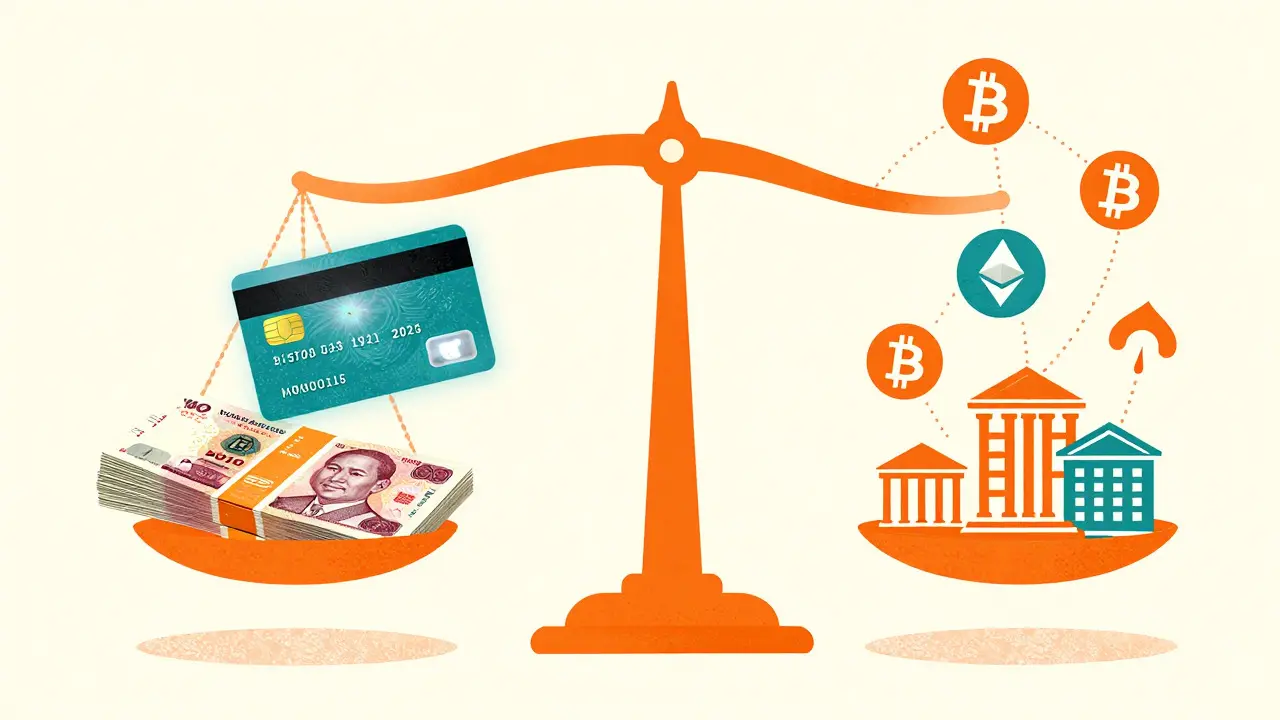 Balance scale comparing cash deposits and crypto assets with bank connections