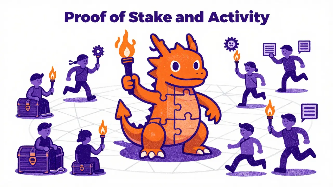 Cartoon depiction of a dragon made of puzzle pieces surrounded by active validators in a network