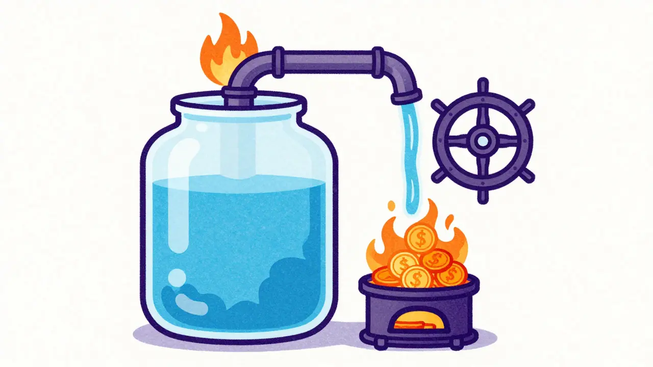 Cartoon depiction of a token burn mechanism with a melting furnace and governance wheel