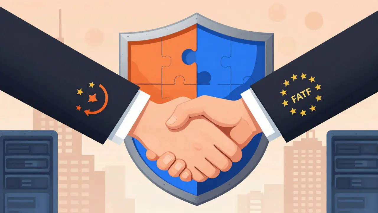 Cartoon of hands shaking over a shield, symbolizing international regulatory cooperation