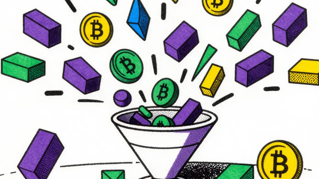 Cartoon showing multiple crypto assets merging into a central pool