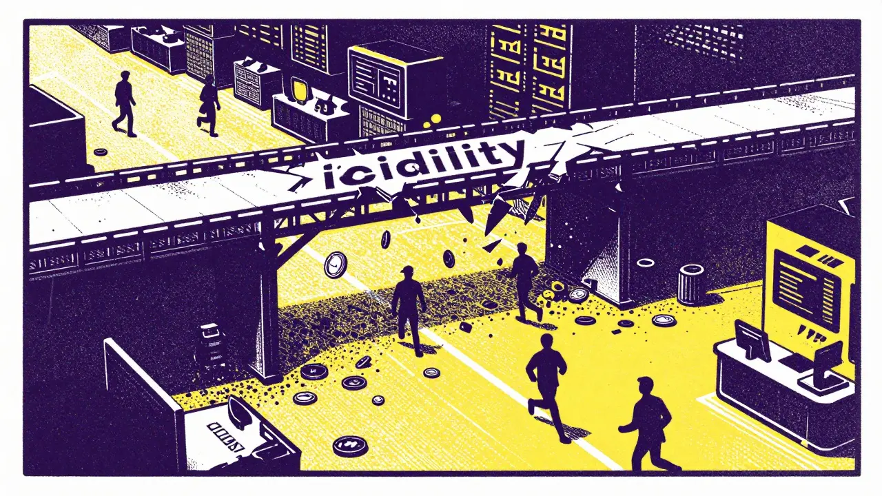 Chaotic trading scene with breaking bridge in Risograph style