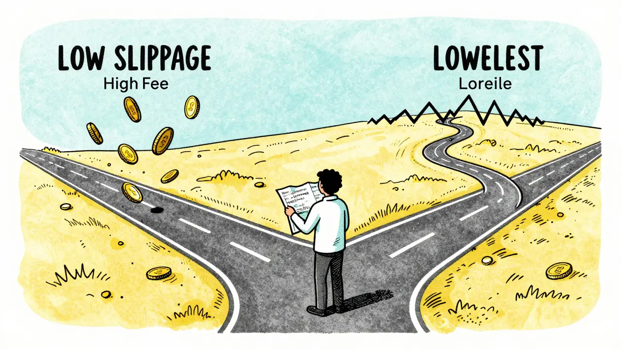 Character at a crossroads choosing between a smooth high-cost path and a rugged low-cost trail.