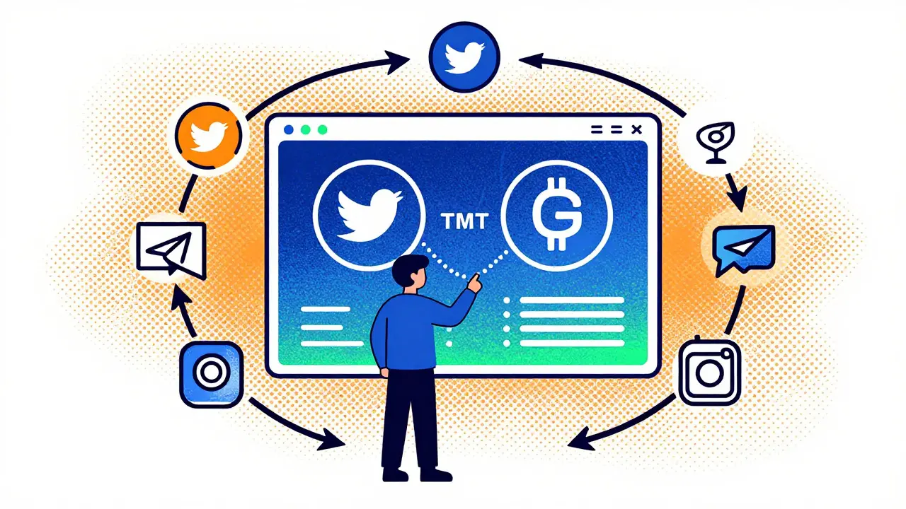 Character viewing crypto tokens and social icons in Risograph art