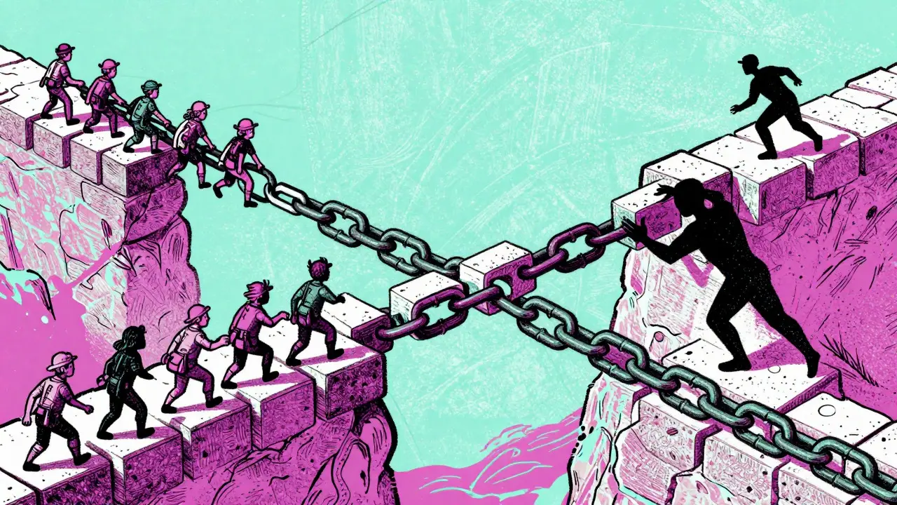 Characters securing a chain bridge against a shadowy figure attempting to break it