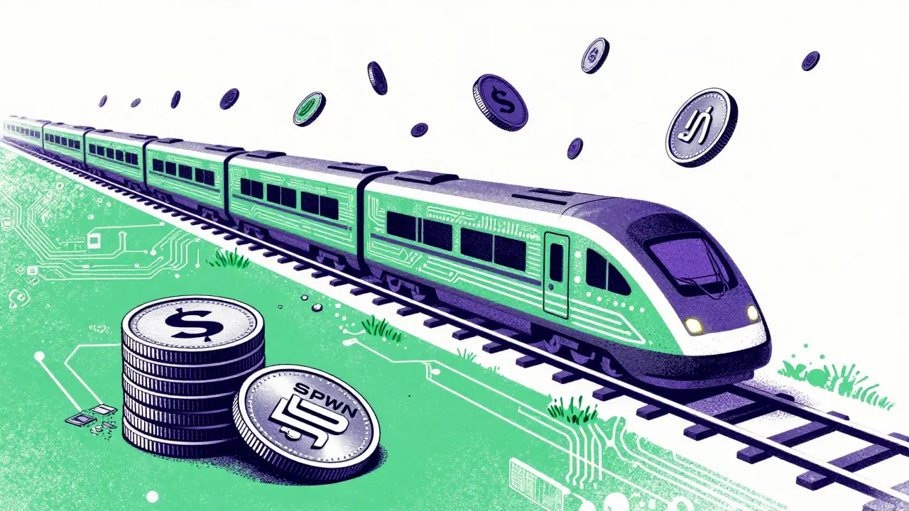 Circuit board train racing on Solana track with flying coins