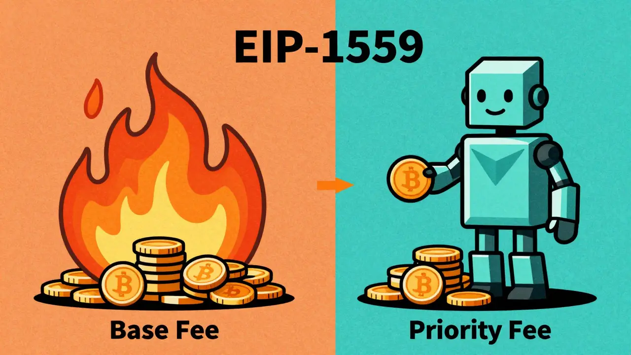 Coins split into burning base fee and validator tip, Risograph