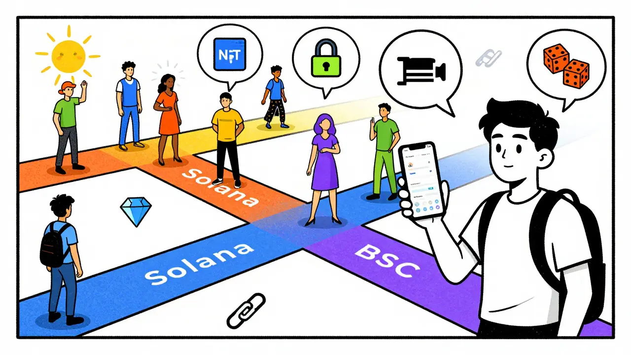 Comic-style drawing of a trader at a crossroads of multi-chain DeFi options.