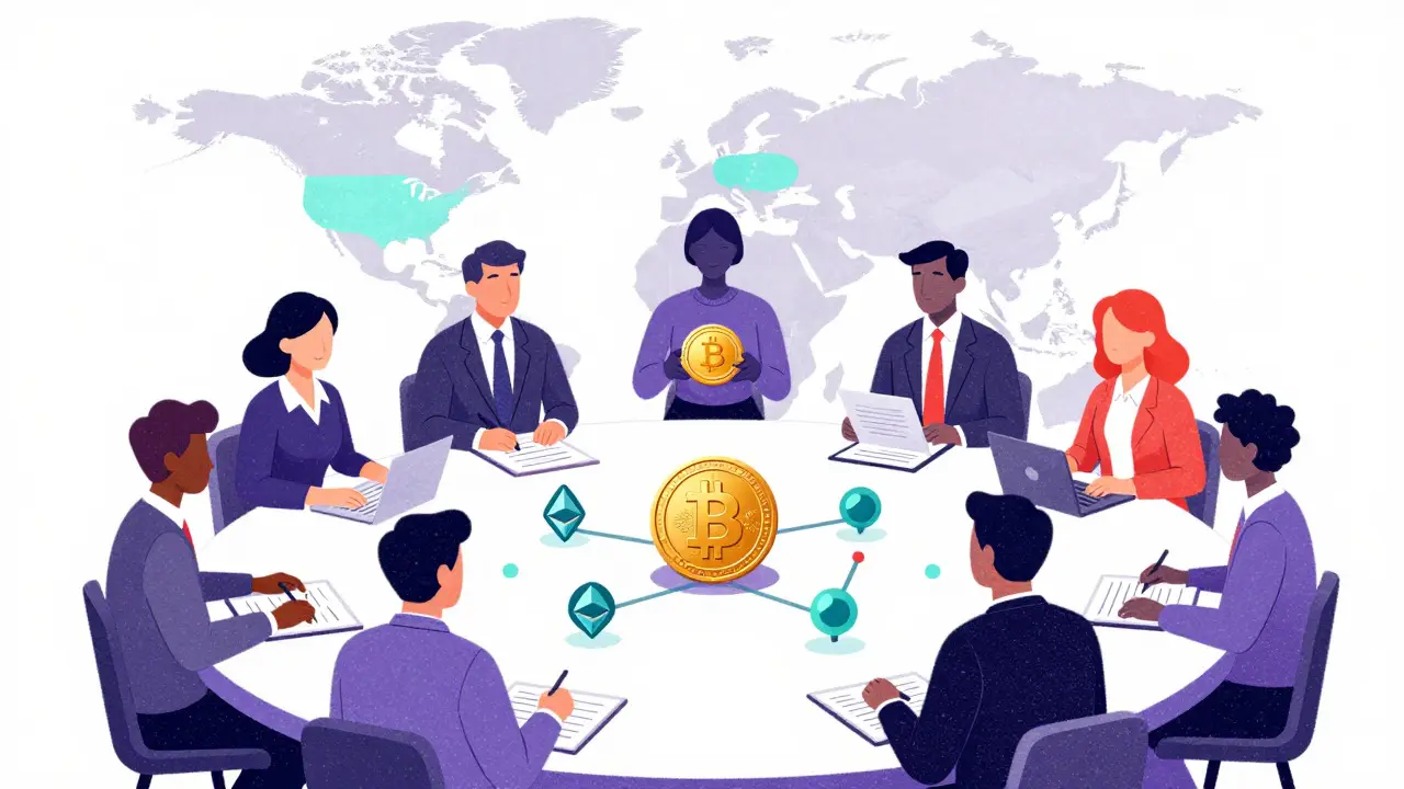 Corporate figures analyzing various crypto tokens and blockchain networks at a round table