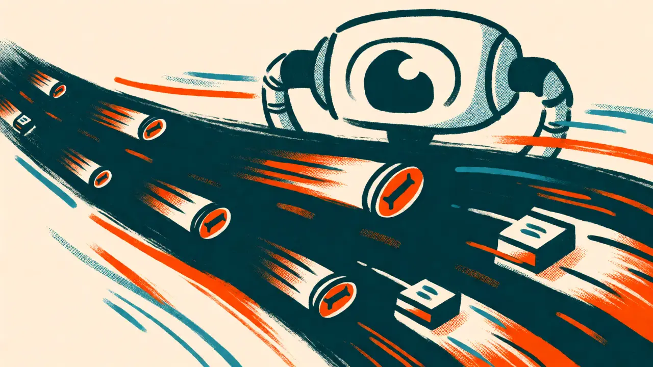Fast-moving data stream guided by AI eye in teal and orange illustration
