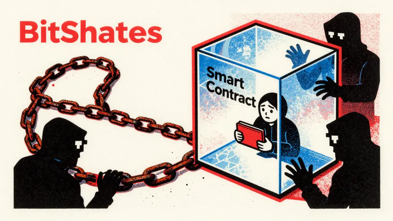 Fragile smart contract box with hacker shadows looming over a trader on BitShares chain