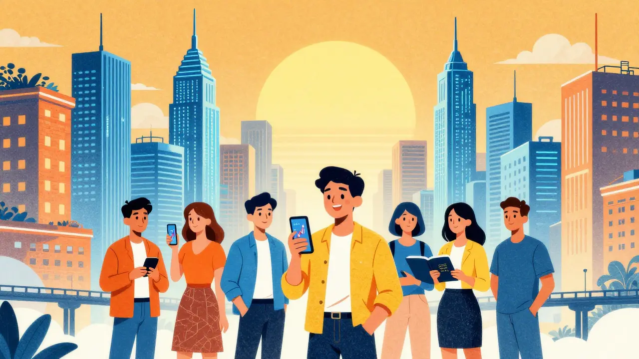 Futuristic cityscape showing the convergence of traditional banks and digital finance