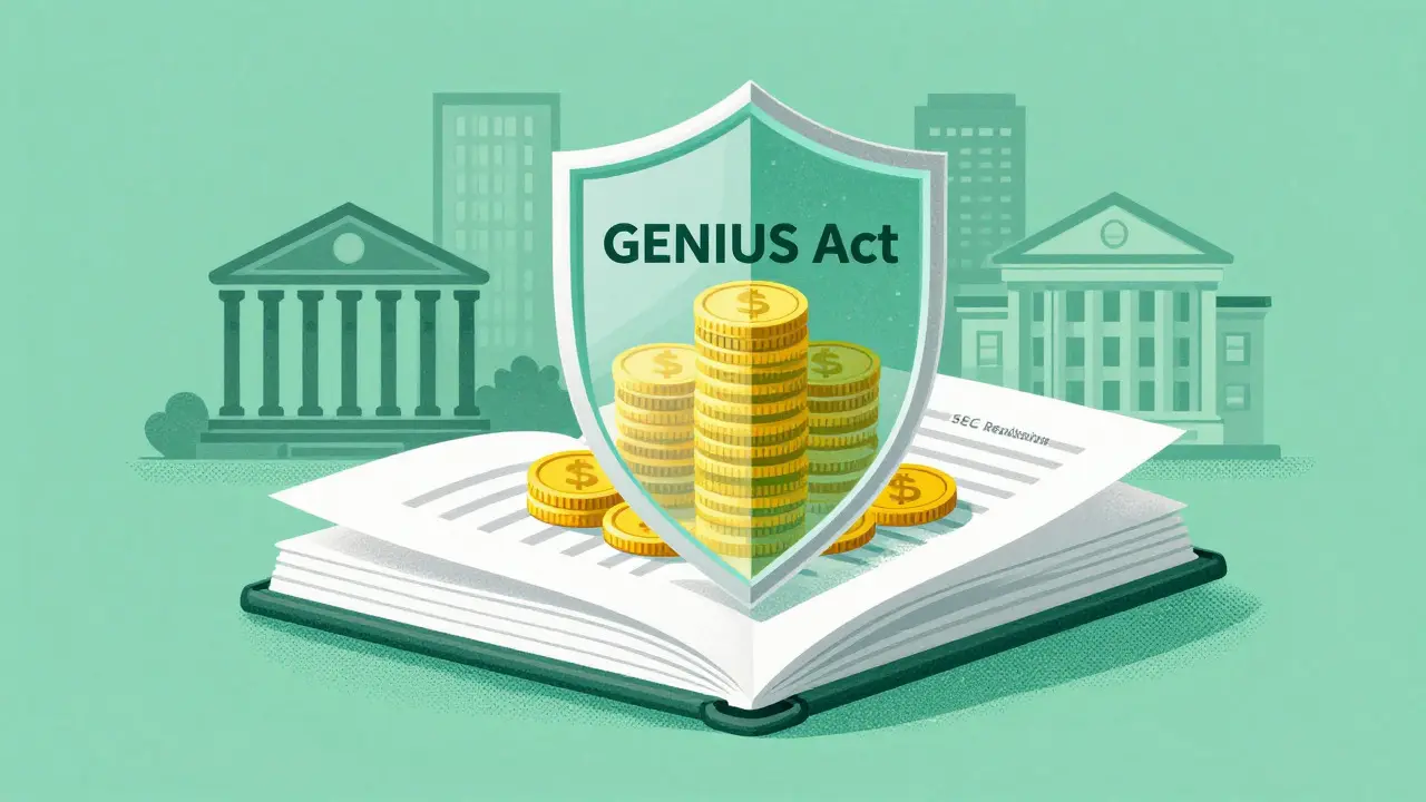 Graphic showing a legal document forming a protective shield around digital coins, representing regulation