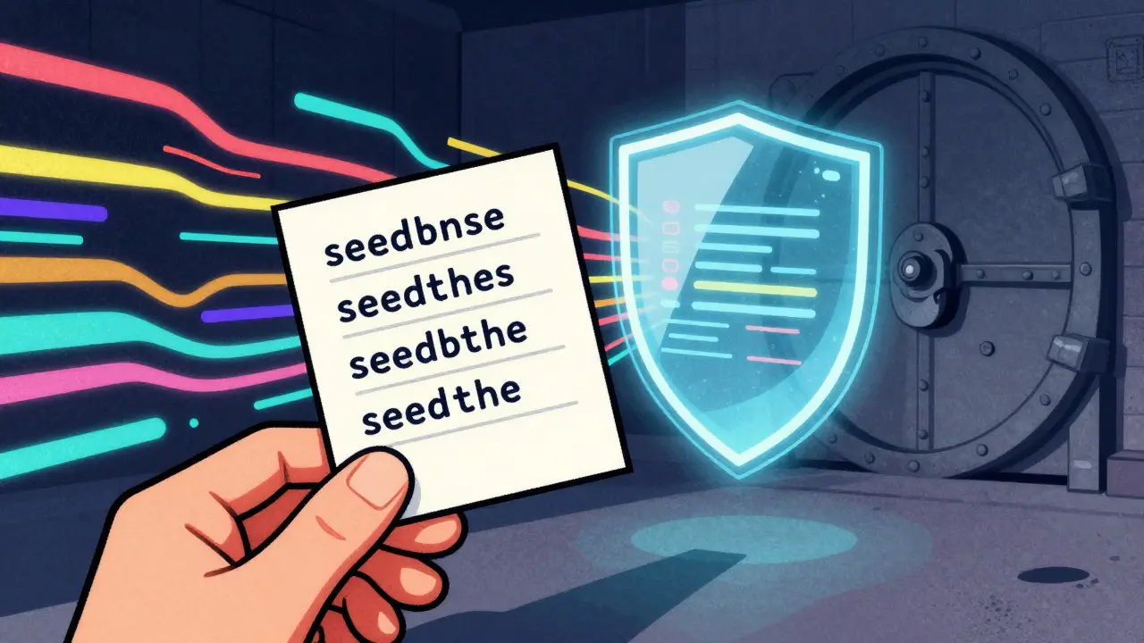 Hand holding a seed phrase card next to a digital wallet, symbolizing self-custody risk
