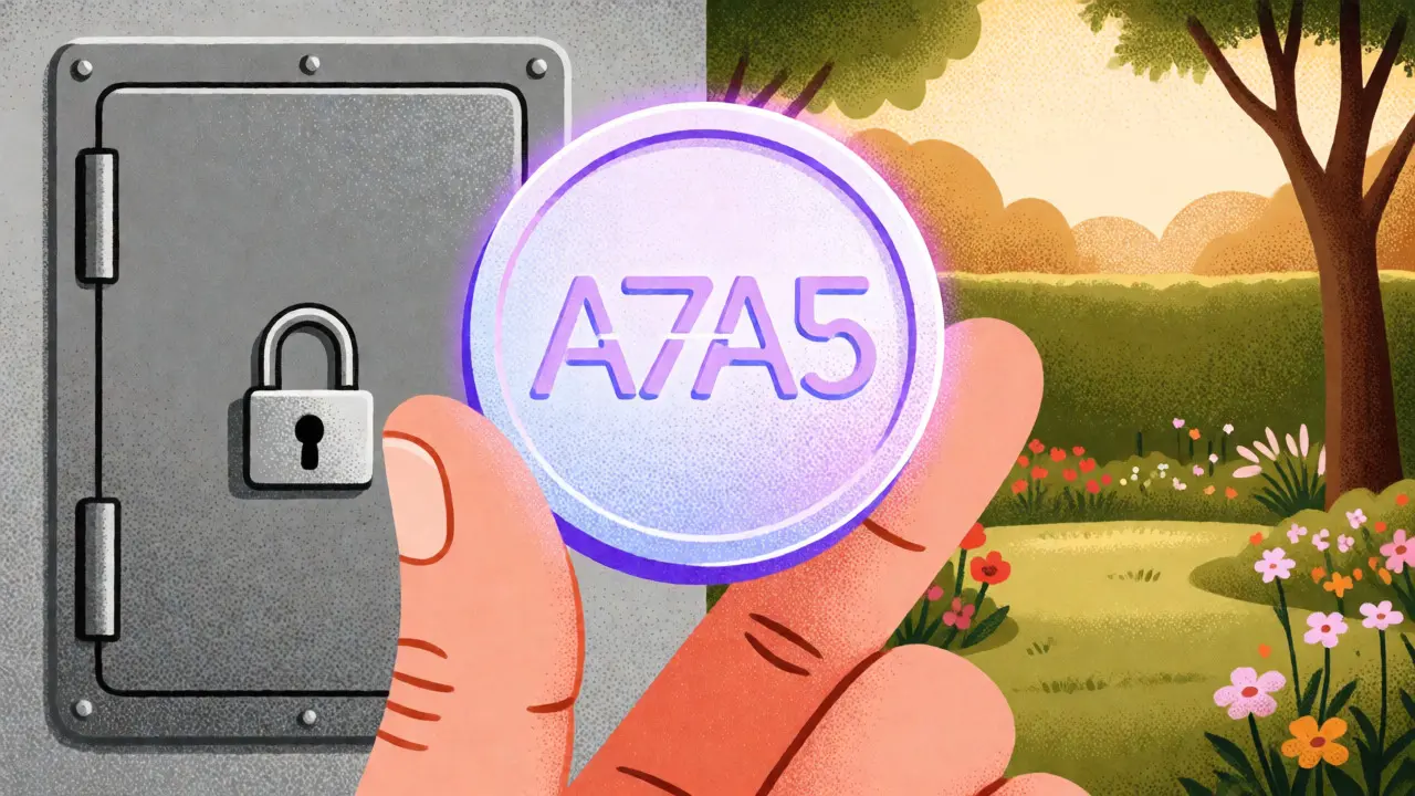 Hand holding A7A5 stablecoin bridging sanctioned vault and stable garden