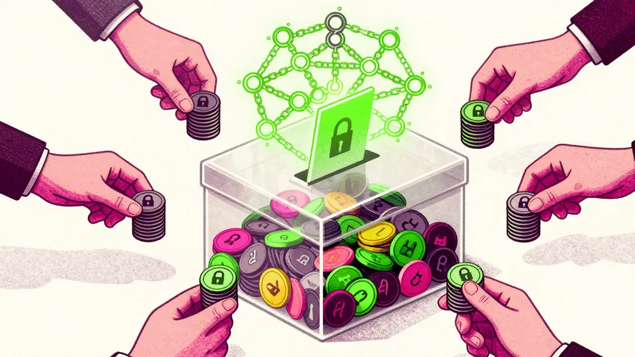 Hands locking tokens into a ballot box secured by cryptographic chains in a duotone illustration.