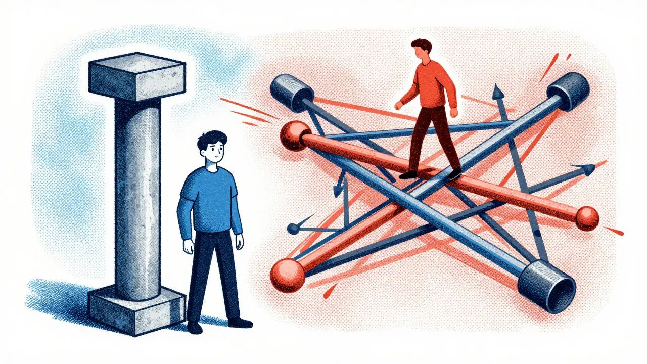 Illustration comparing simple stability with complex multi-asset networks