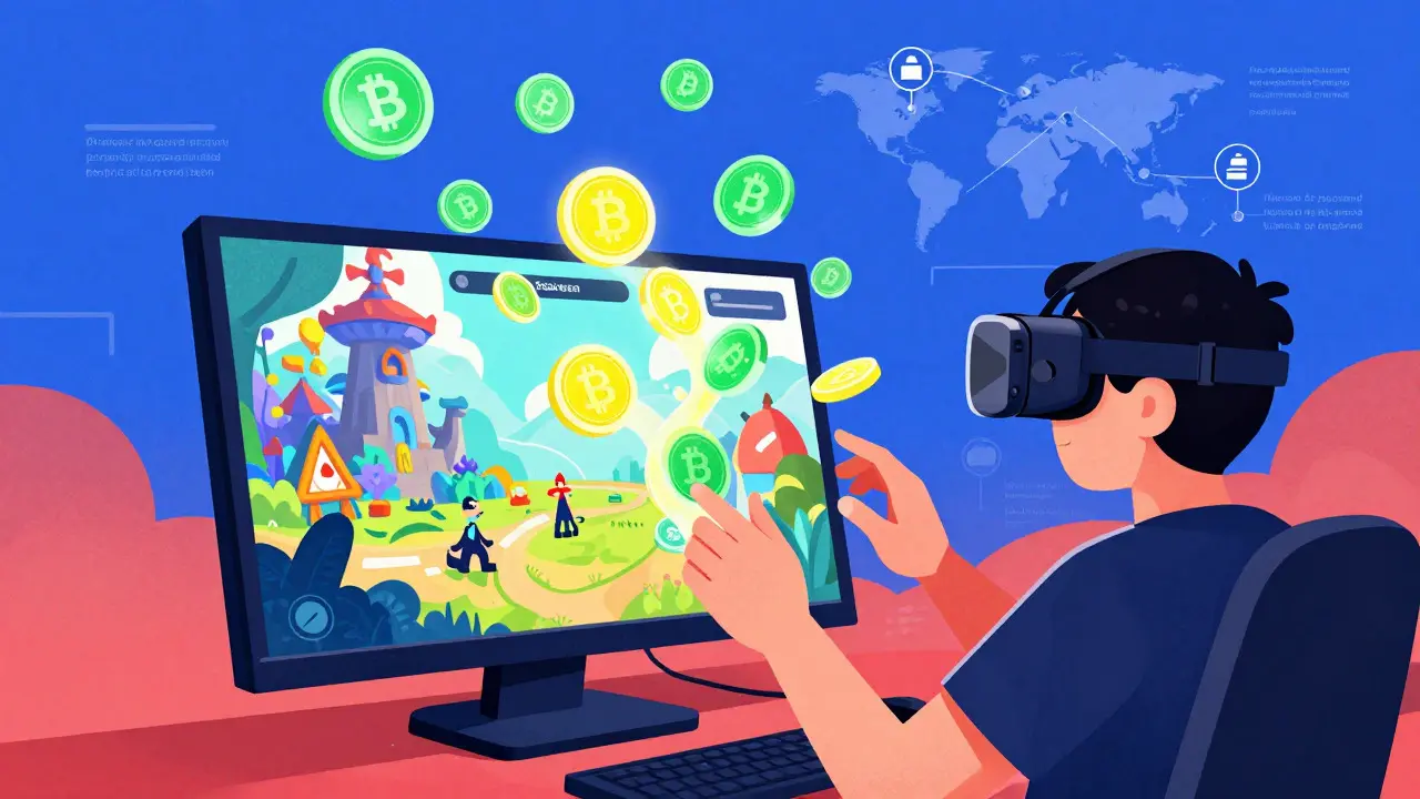 Illustration of a gamer using floating crypto tokens to buy items in a video game