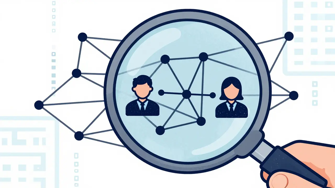 Illustration of a magnifying glass tracing blockchain transactions to identify users