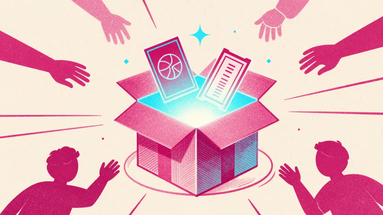 Illustration of a mystery box revealing a digital card and ticket in riso style