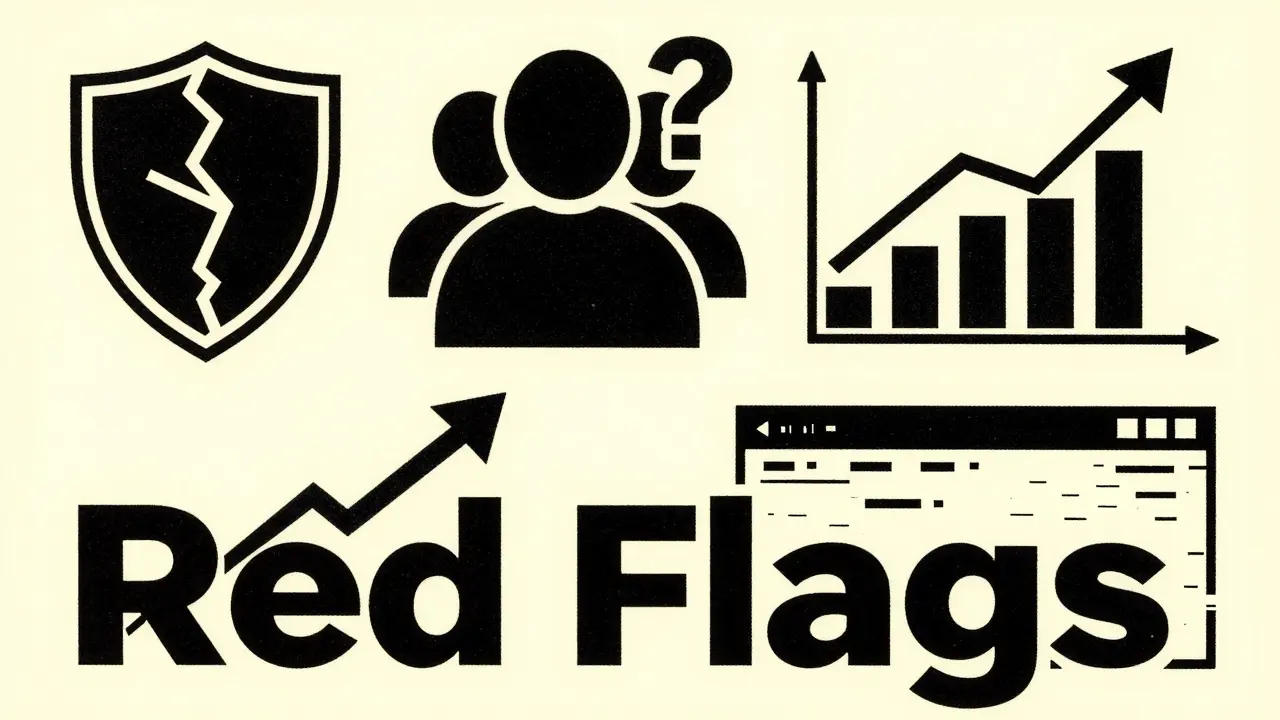 Illustration of red flags in crypto scams including broken shields
