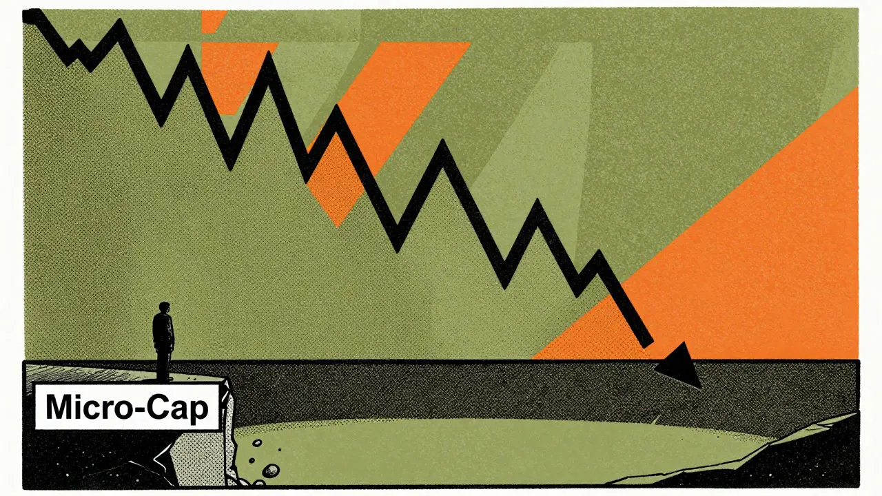 Illustration showing a steep drop in crypto value and isolated trader on small platform
