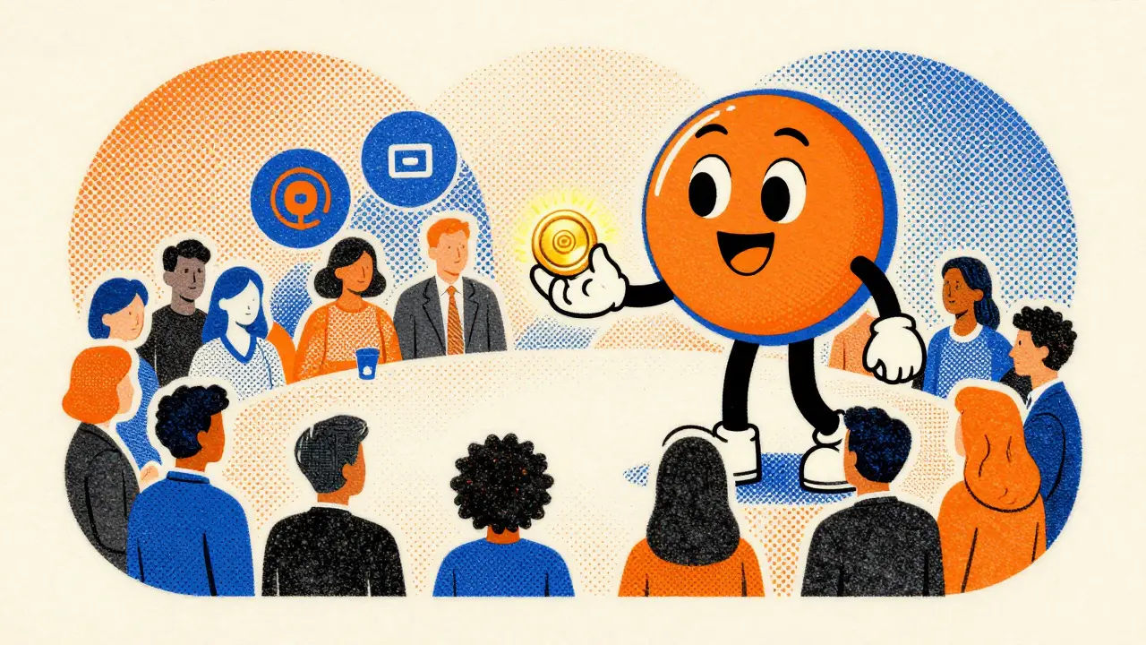 Mascot distributing tokens to users in orange and blue risograph style