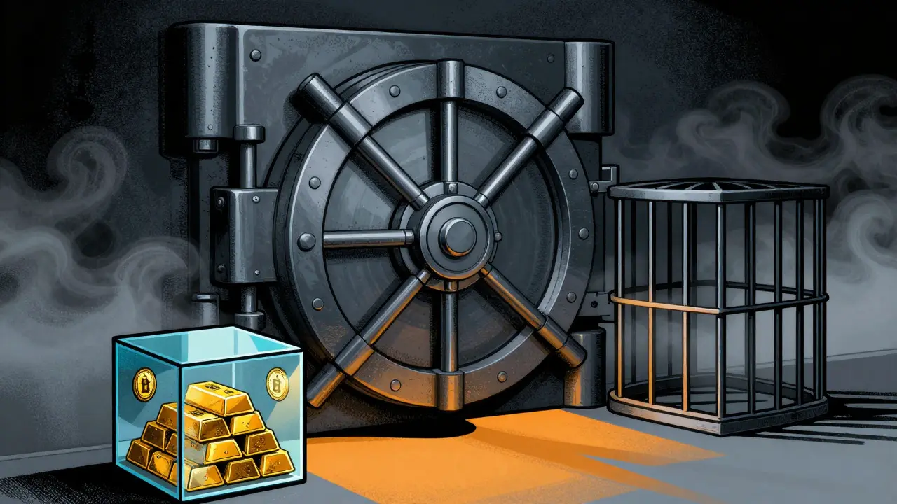 Opaque vault door versus empty cage illustrating unclear crypto fund security