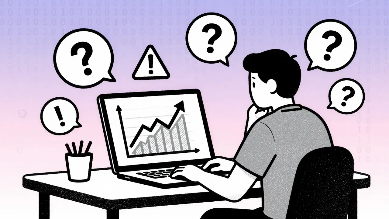 Person analyzing high-yield crypto risks with abstract warning symbols