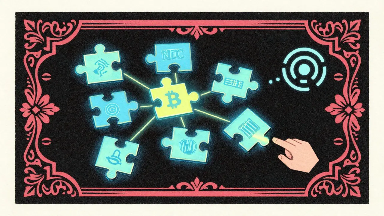 Risograph art showing fractionalized NFTs and NFC chip linking physical art
