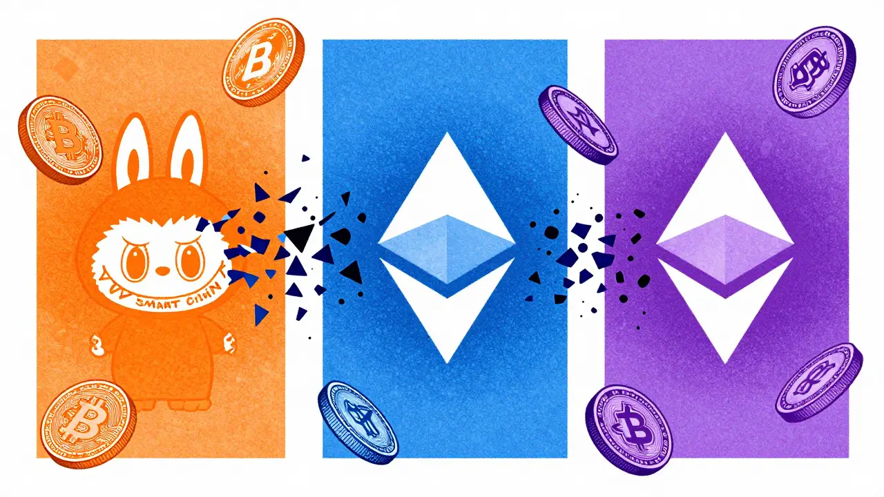 Risograph art showing fragmented crypto tokens on three blockchain colors