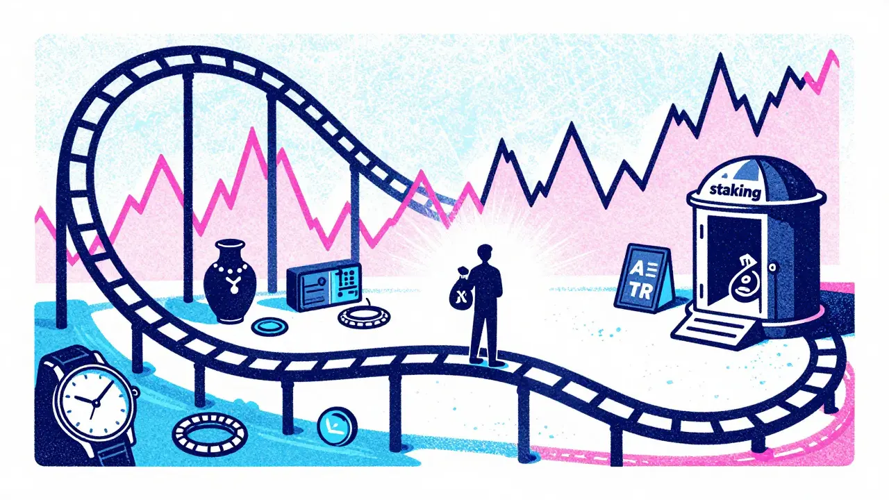Risograph illustration of crypto trading risks with luxury goods and charts