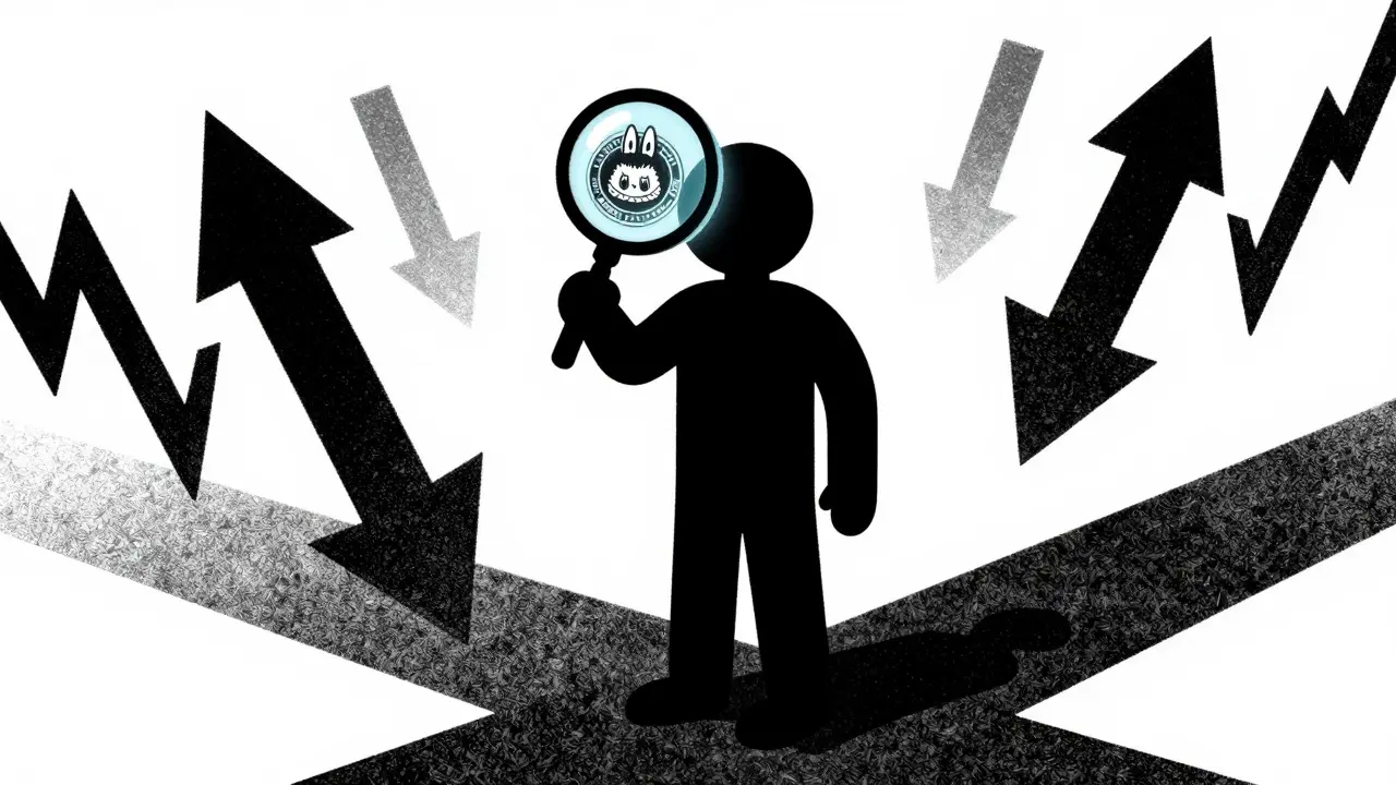 Risograph illustration of trader inspecting volatile meme coin token