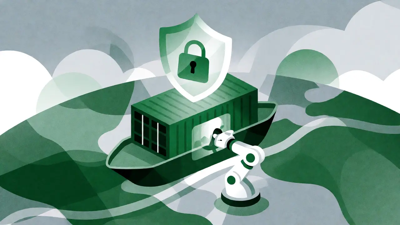 Robot scanning shipping container under digital shield in green risograph style