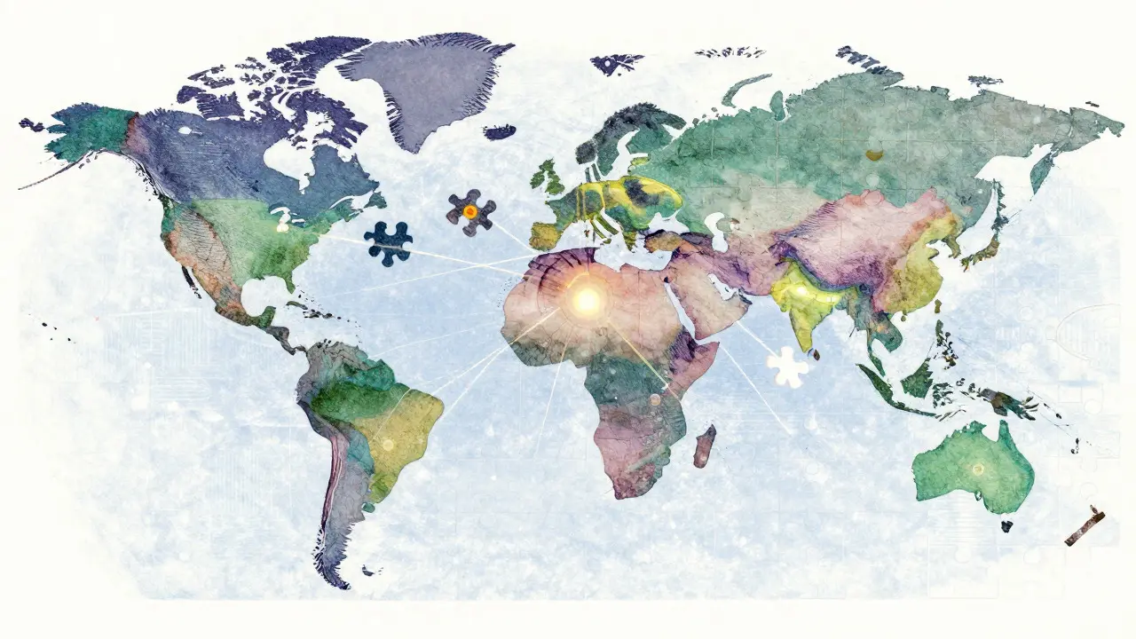 Scattered globe puzzle pieces symbolizing decentralized global mining.
