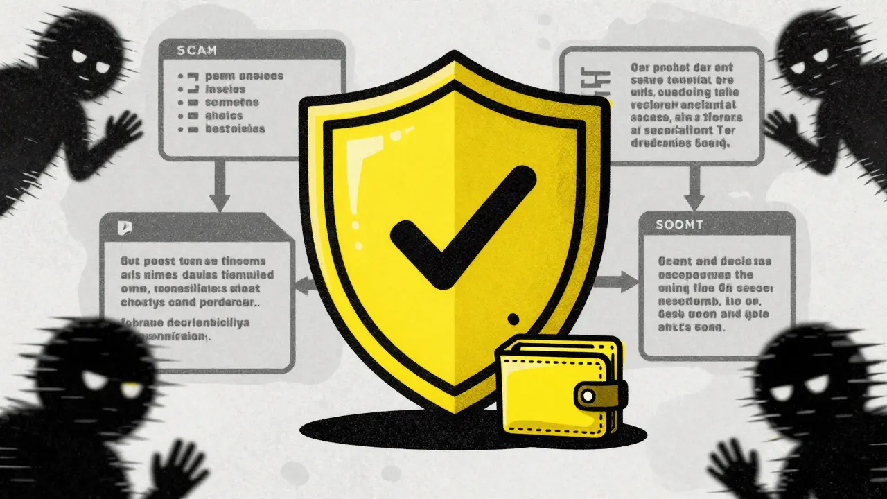 Security shield protecting wallet from scams in Risograph style