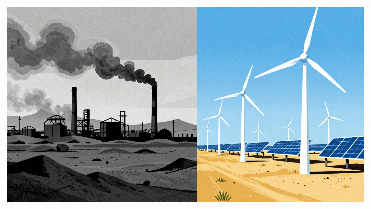 Split view showing coal plants in Kazakhstan and wind farms in Texas.