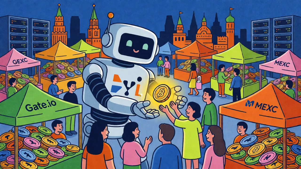 Surreal marketplace of crypto exchanges represented by robots and stalls