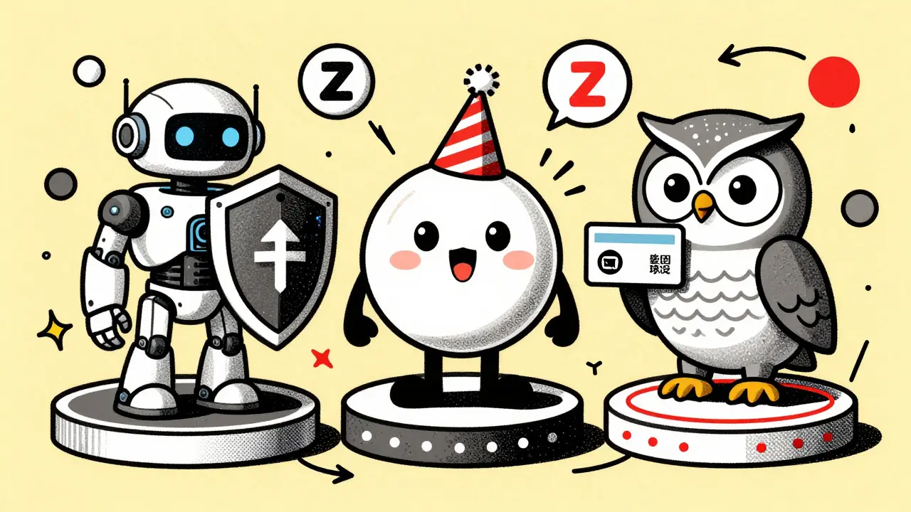 Three distinct characters representing different crypto assets on separate platform blocks