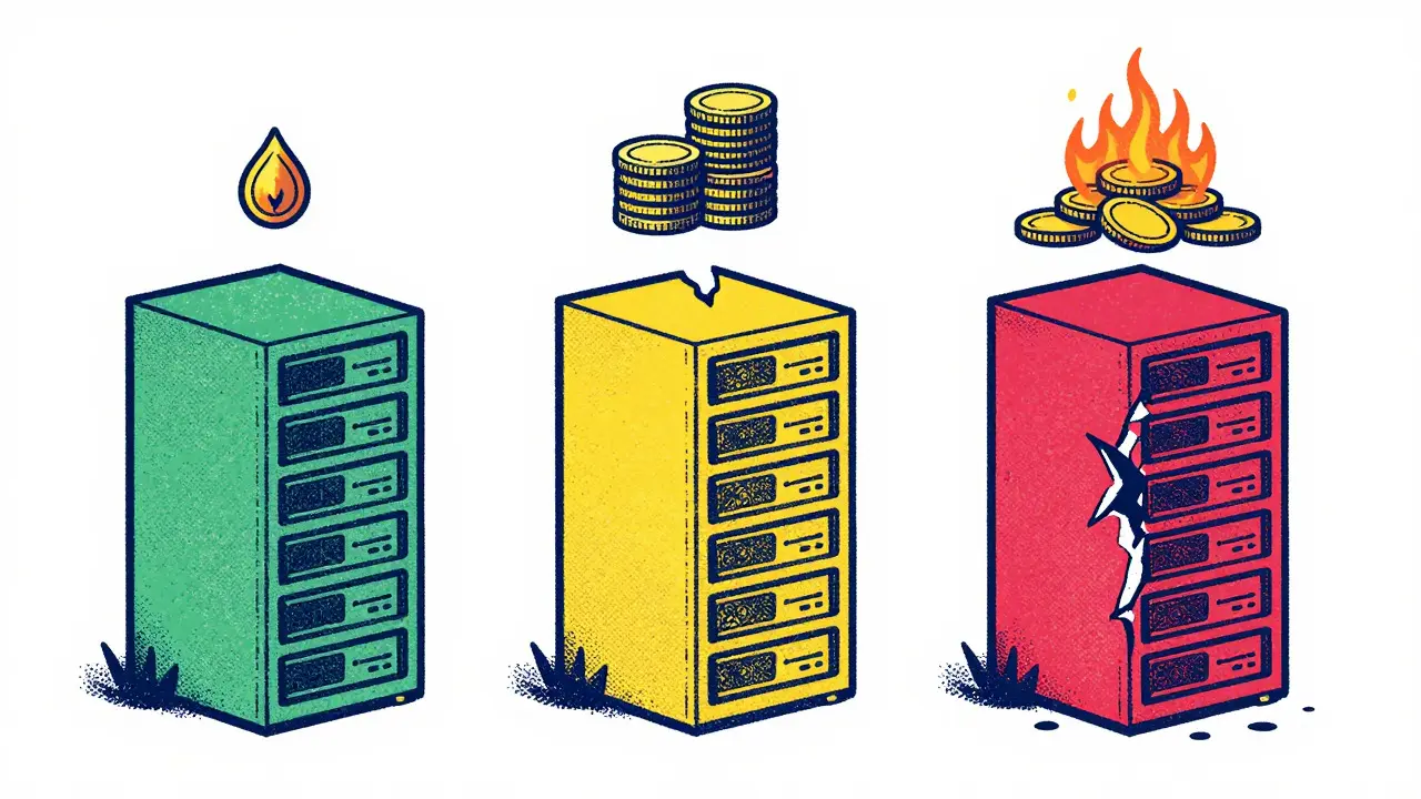 Three server towers illustrating varying levels of slashing penalties in a risograph style