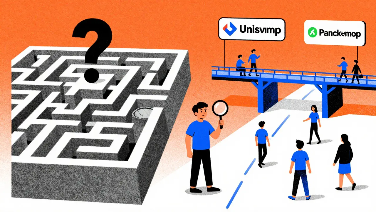 Trader choosing between a confusing gray maze and safe bridges to major crypto exchanges