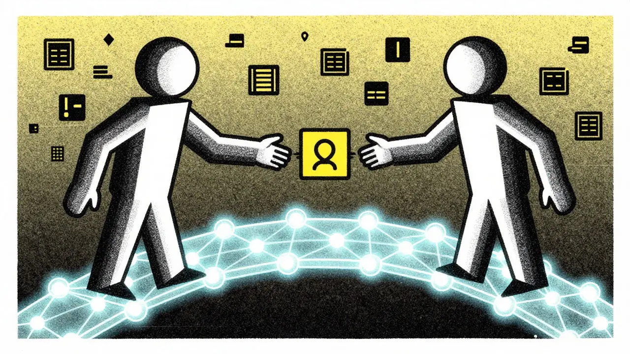 Two figures trading directly over a blockchain bridge in Risograph art