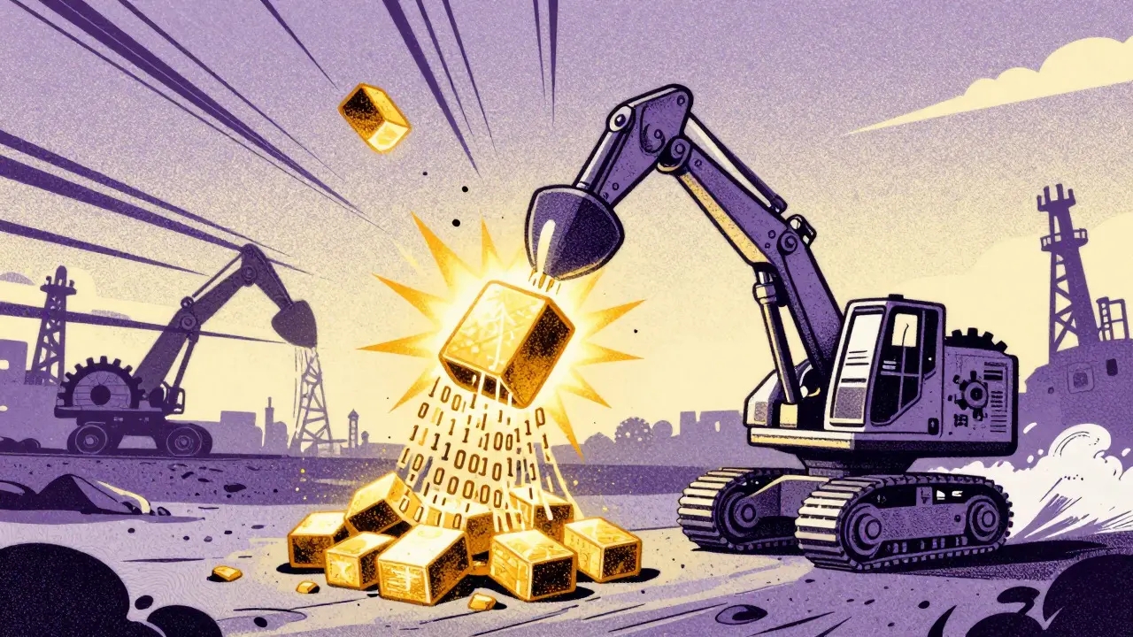 Whimsical mining machine producing a glowing golden block amidst streams of code