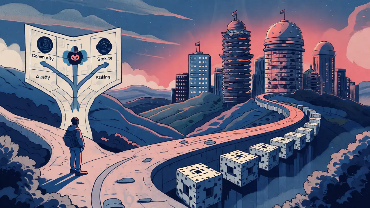 A traveler at a crossroads leading to a food-themed city skyline under a twilight sky in risograph art.