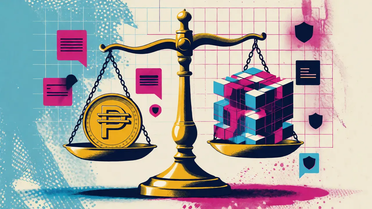 Abstract scales balancing a peso coin against a complex digital cube representing regulated VASPs.